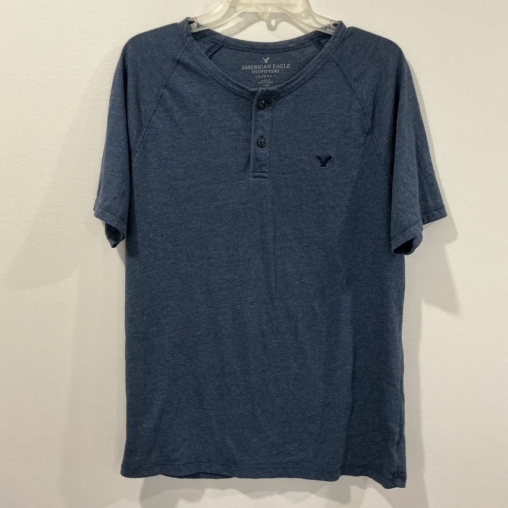 American Eagle Shirt Mens Large Blue Henley Legend T Raglan Short Sleeve Logo